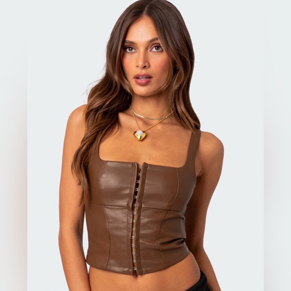Edikted Brown Faux Leather Hook-and-Eye Corset Tank Top